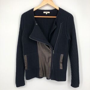 Madewell Merino Wool Leather Moto Sweater Jacket Womens S Navy Blue Black